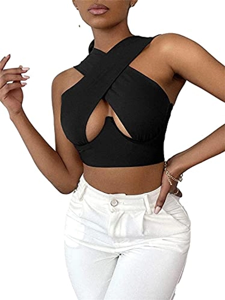 Women Sexy Halter Crisscross Tank Crop Top Sleeveless Basic Solid Color Cut Out Cami Vest Summer Camisole Y2k Fashion - Medium - A#black