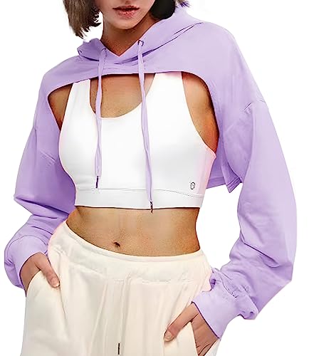 BEJONS Women Long Sleeve Cropped Super Crop Top Hoodies Sweatshirt Aesthetic Punk Hip Hop Dance Sexy Rave Cloth - Lavender Purple - Large