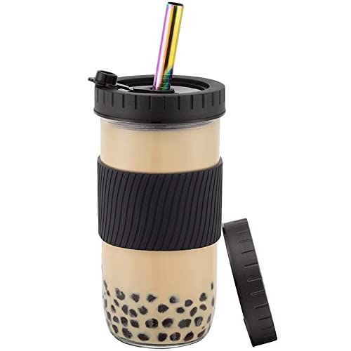 Duffy Reusable Boba Water Cup Set 730ml Wide Mouth Leakproof Large Capacity Storage Bottles Kit for Drinking Cold Smoothie Mugs Iced Office Home 24oz (Black) - Black