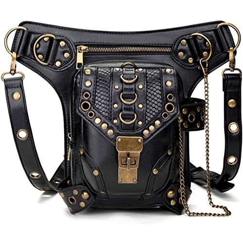 Steampunk Waist Bag Fanny Pack Fashion Gothic Leather Shoulder Crossbody Messenger Bags Thigh Leg Hip Holster Purse Travel Pouch Hiking Sport Chain Bags for Women Men - black