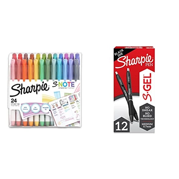 SHARPIE S-Note Creative Markers, Highlighters, Assorted Colors, Chisel Tip, 24 Count & Sharpie S-Gel, Gel Pens, Medium Point (0.7mm), Black Ink Gel Pen, 12 Count