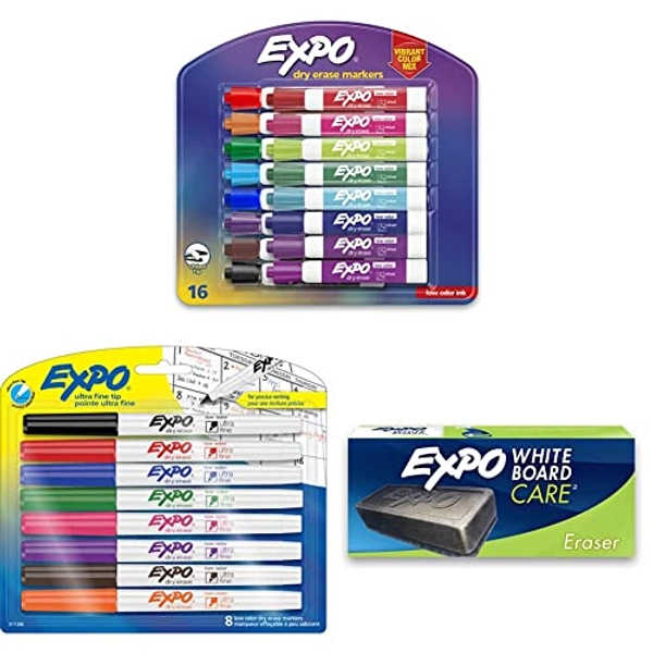 EXPO Low Odor Dry Erase Markers, Chisel Tip, Assorted Colors, 16 Count & EXPO Low Odor Dry Erase Markers, Ultra-Fine Tip, Assorted Colors, 8 Pack & EXPO Dry Block Eraser, Soft Pile, 5-1/8 in
