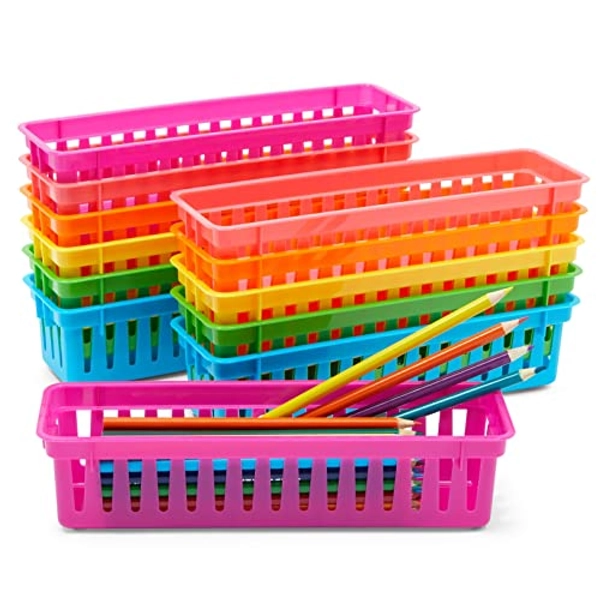 12-Pack Small Pencil Holder Trays, Elementary Teacher Supplies for Classroom Must Haves, Caddy, Plastic Organizer Baskets for Office Storage, Organization, Decorations (Rainbow, 10.0x2.9x2.4 in)