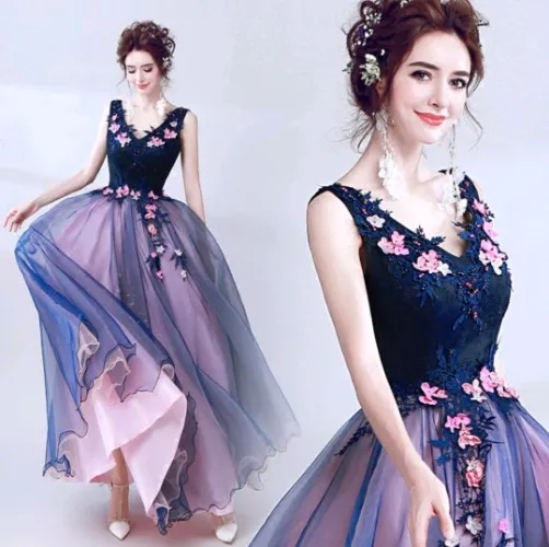 Floral Blue Mesh V-Neck Dress 