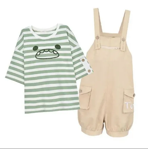 Cute Monster Stripe T-Shirt Pocket Overalls