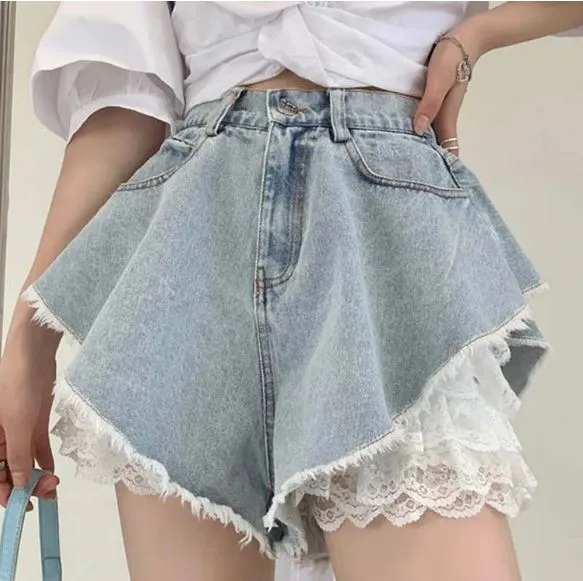 High Waist Lace Undershorts Denim Shorts