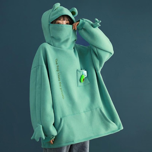 Frog Letter Zipper Pocket Oversized Hoodie
