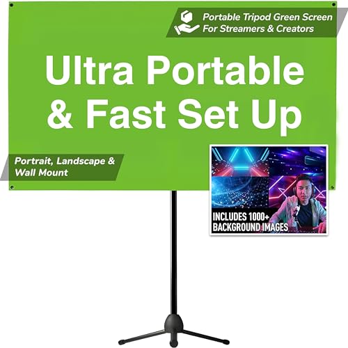 Valera 70in Green Screen Backdrop with Stand for Streaming, Ultra Portable 2 Min Setup, Portrait & Landscape, Tripod & Wall Mount, for Tiktok Zoom Video Meetings & More, 1k Free Backgrounds Included - 70 Inch