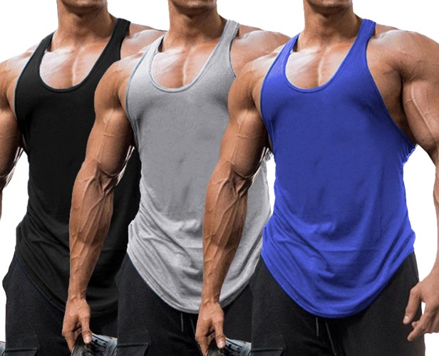 Babioboa Men's 3 Pack Gym Workout Tank Tops Y-Back Muscle Tee Stringer Bodybuilding Sleeveless T-Shirts - Small - Black/Blue/Grey - 3 Pack