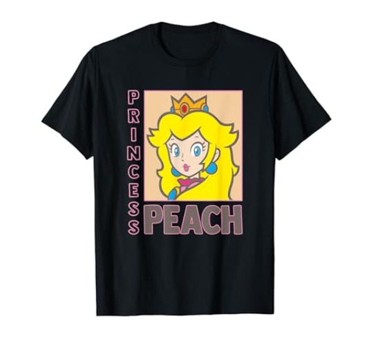 Super Mario Bros Black Short Sleeve T-Shirt for Gamers - Princess Peach Over Shoulder Portrait
