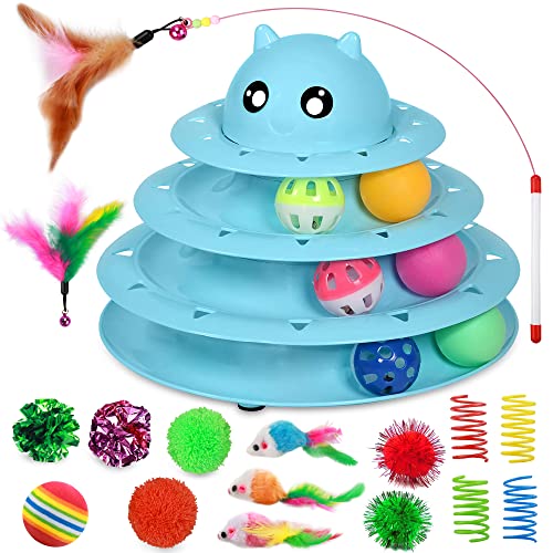 UPSKY 20 PCS Cat Toys, Cat Roller Toy 3-Level Turntable Cat Toys Balls for Indoor Cats, Kitten Toys Set with Cat Teaser Toys, Mice Toys, Spring Toys, and Various Ball Toys. - B-20PCS-Blue
