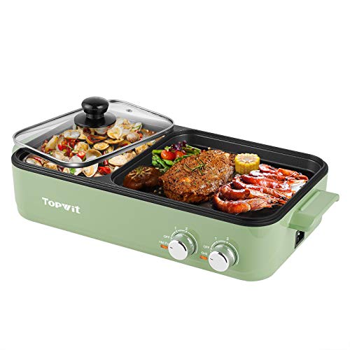 Topwit Hot Pot Electric with Grill, 2 in 1 Indoor Non-Stick Electric Pot and Griddle for Korean BBQ, Steaks, Shabu Shabu and Noodles, Independent Dual Temperature Control, Fast Heating, Green - Green