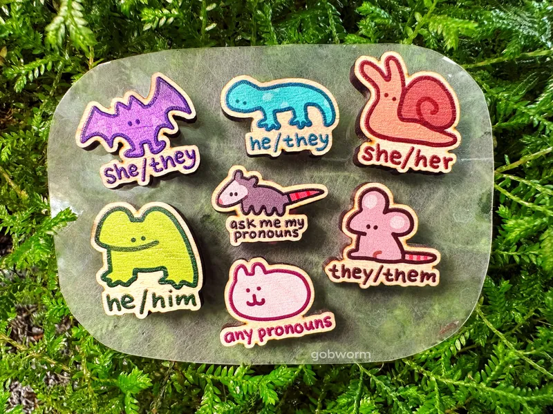 Wooden Pronoun Pins | Cute Animal she/her, he/him, they/them, she/they, he/they, any pronouns, ask my pronouns, LGBT Pride Charms Pack