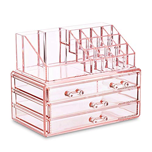 Ikee Design Pink Jewelry & Cosmetic Storage Display Boxes Two Pieces Set, Organizer Makeup Holder, for Vanity - 1a) 1 Top 4 Drawers, Pink