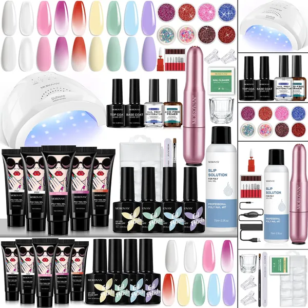 Morovan Poly Gel Nail Kit - Poly Gel Kit with Drill and 48W UV/LED Lamp Professional Nail Extension Gel for Beginners Luminous Poly Nail Gel Kit with Everything Bulide Gel Kits with Poly Gel Nail Art Tools Nail Art Starter Supplies - Dream night