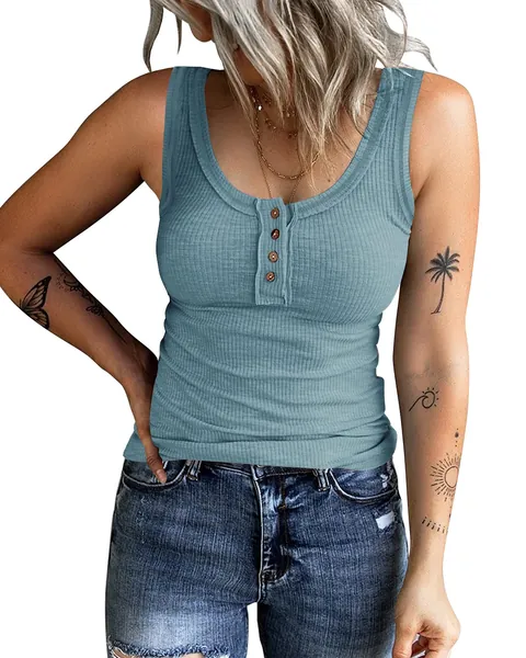 KINLONSAIR Women's Sleeveless Henley Tank Tops Ribbed V Neck Button Down T Shirts Summer Slim Fit Tee Tops - A2-bluish Grey Medium