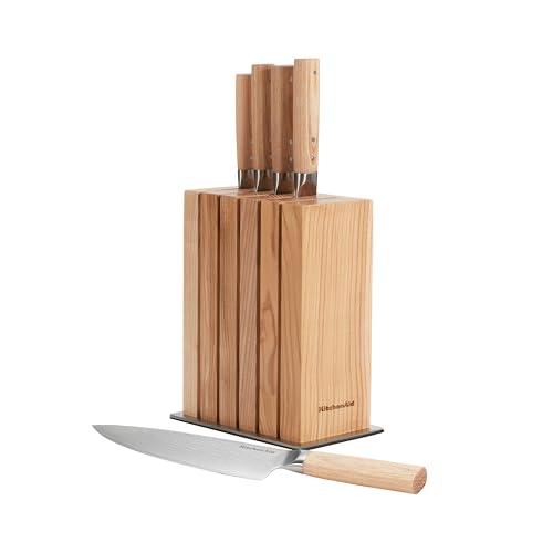 KitchenAid 6-Piece Ashwood Knife Block Set | Premium Damascus Steel Blades | Pakkawood Handles | Space-Saving Design | Includes Chef, Santoku, Slicing, Utility & Paring Knives | Kitchen Knife Set - Blonde - Set of 6