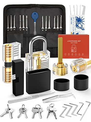FAHEFANA 38-teiliges Lockpicking Set, [2023 Schwierigkeit Upgrade] Dietrich Set in Kreditkartengröße mit 4 Transparente Schlösser, Anleitung zum Schlossöffnen für Anfänger und Profis