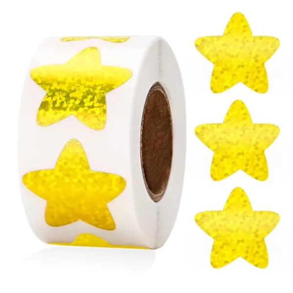 Anwyll Star Stickers,Holographic Gold Star Stickers for Kids Reward,500Pcs 1Inch Shiny Star Sticker,Self-Adhesive Metallic Glitter Foil Star Stickers for School Classroom Teacher Supply DIY Homework