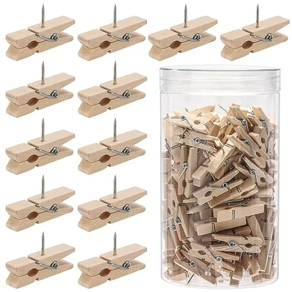 120Pcs Push Pin with Wooden Clips, Decorative Pushpins Tacks, Thumbtacks for Cork Board, Bulletin Board, Artworks Notes Photos (Wood Color)