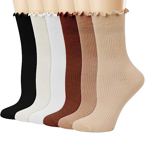 Mcool Mary Women's Ruffle Socks,Casual Cute Ankle Socks Breathable Knit Cotton Warm Soft Frilly Crew Socks for Women 6 Pack - 5-9 - Multicoloured-2