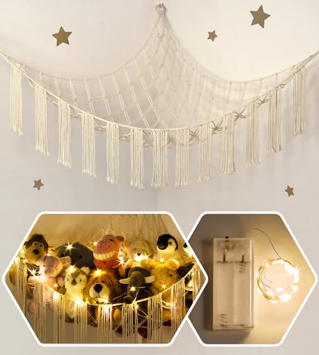 Stuffed Animal Hammock Corner with LED Light - Toy Storage Hammock Plushie Net Large - Cute Stuff Animals Holder Hanging Organizer - Baby Room Decor Kids Toddler Nursery Bedroom Boho - Beige
