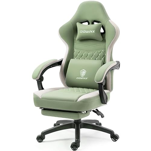 Dowinx Gaming Chair Breathable Fabric Computer Chair with Pocket Spring Cushion, Comfortable Office Chair with Gel Pad and Storage Bag,Massage Game Chair with Footrest,Green - Green