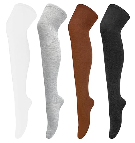 Chalier Apparel Womens Thigh High Socks Cotton Striped Over the Knee Socks Long Knee High Stockings for Women - One Size - Solid 07-4 Pairs