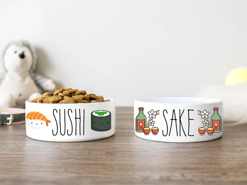 Funny Pet Bowl | Cute Dog Bowl | Sushi Sake Food & Water Bowl | Food and Water Dish | Pet Gifts | Ceramic Dog Bowl | Funny Cat Bowl Set