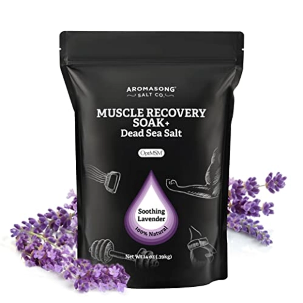 Aromasong Muscle Recovery Bath Soak with Dead Sea Salt, OptiMSM, Magnesium Flakes & Essential Oils for Post Workout Soreness - Made in USA - 14 oz. Bag Bath Salt for Pain Relief. - Natural Lavender - 14.00 Ounce (Pack of 1)