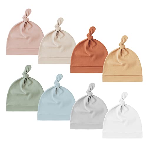 Konssy 8 Pack Baby Newborn Hats Set Knot Beanie Hats Soft for Infant Baby Girls Boys Caps 0-6 Months - 0-6 Months - Pink,beige,orange,yellow,green,blue,gray,white