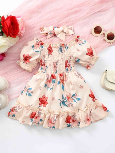 Baby Girl Floral Smocked Frill Trim Dress - Floral / 9-12M