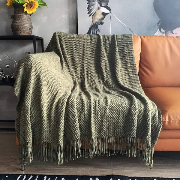 LOMAO Knitted Throw Blanket with Tassels Bubble Textured Lightweight Throws for Couch Cover Home Decor (Dark Olive, 50x60) - Dark Olive 50x60"