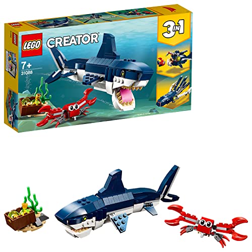LEGO 31088 Creator 3in1 Deep Sea Creatures: Shark, Crab, Squid or Angler Fish Sea Animal Toys, Christmas Treat, Figures Set, Gifts for 7 Plus Year Old Girls and Boys - single