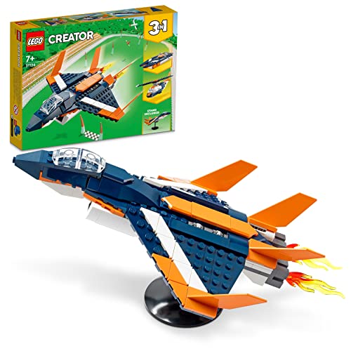 LEGO 31126 Creator 3in1 Supersonic Jet Plane to Helicopter to Speed Boat Toy Set, Buildable Vehicle Models for Kids, Boys and Girls 7 Plus Years Old - Single