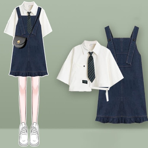 Pocket Lapel Tie T-Shirt Denim Overall Dress Two Pieces Set