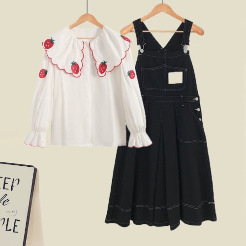Strawberry Embroidery Doll Collar Shirt Denim Overall Dress Two Pieces Set