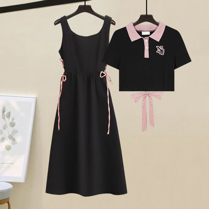 Bowknot Backless Polo T-Shirt Lace Up Dress Two Pieces Set