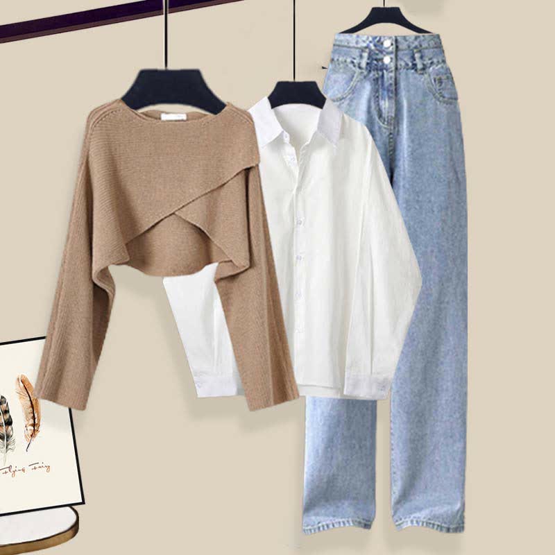 Cross Knit Sweater Lapel Shirt Denim Pants Three Piece Set