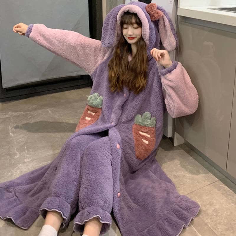 Cartoon Bunny Ears Carrot Plush Hooded Pajamas Set