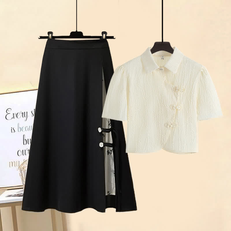 Vintage Buckle T-Shirt Floral Print Stitching Split Skirt Two Pieces Set