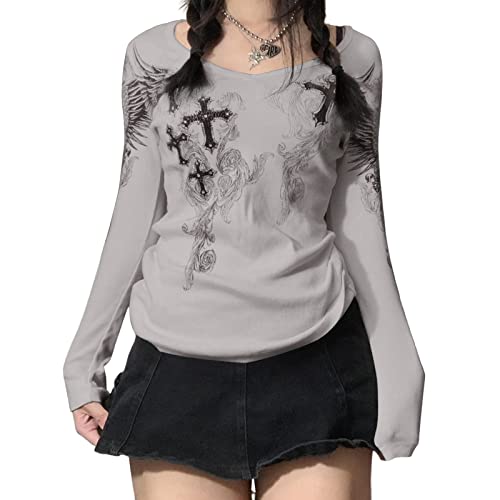 Women Teen Girls Fairy Grunge Clothes Y2k Long Sleeve Baggy Shirt Graphic Baby Tee Fall Vintage Streetwear T-Shirt - Small - B Gray