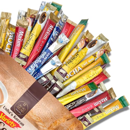 Instant Coffee Mix Packets Single Serve - Korean Variety Coffee Sampler 30 Sticks of 6 Different Flavors, Maxim Mocha, White Mocha, Original Maxim French Café (Variety 30 Pack)