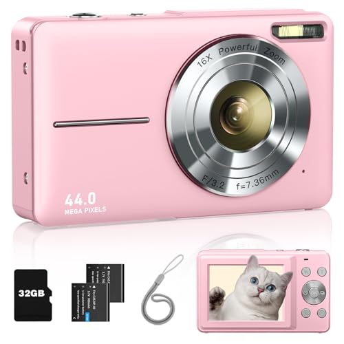 Lecran Digital Camera, FHD 1080P Kids Camera with 32GB Card, 2 Batteries, Lanyard, 16X Zoom Anti Shake, 44MP Compact Portable Small Point Shoot Camera Gift for Kid Student Children Teen Girl Boy(Pink) - Pink