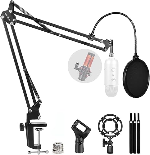 Microphone Stand for Blue Yeti, Quadcast Boom Arm Scissor Mic Stand with Windscreen and Double layered screen Pop Filter Heavy Duty Mic Boom Scissor Arm Stands, Broadcasting and Recording.Game - Boom arm