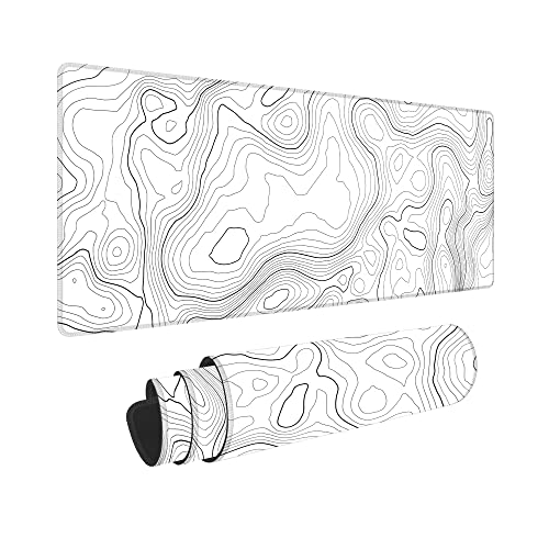BZU Topographic Extended White Mouse Pad Large, Desk Mat Desk Pad Large Desk Mats on top of desks,31.5x11.8in Computer Keyboard Desk Mat with 3mm Non-Slip Base and Stitched Edge for Home Office Work - White Topographic