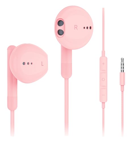 Kimwood Wired Earbuds with Microphone, Wired Earphones in-Ear Headphones HiFi Stereo, Powerful Bass and Crystal Clear Audio, Compatible with iPhone, Android, Computer Most with 3.5mm Jack - Pink