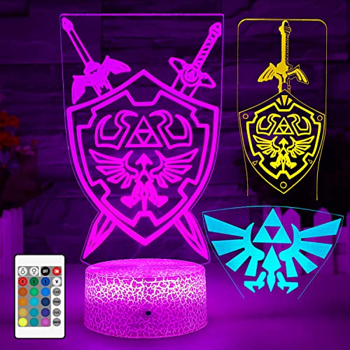 3D Legend of Zelda Night Light, Zelda Illusion Bedside Lamp (3 Patterns), 7 Color Change Decor Lamp with Remote, Decor Gifts for Boy Kids Girls Christmas Birthday