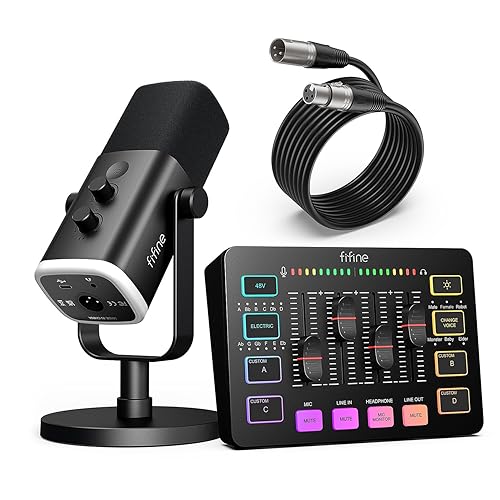 FIFINE Gaming Equipment Bundle, Dynamic XLR/USB Gaming Microphone Set with Streaming Audio Mixer for Podcast Recording Video Vocal, RGB Gamer Set with Volume Fader/XLR Interface for PC-AmpliGame KS5 - Black