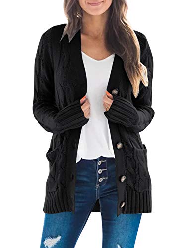 MEROKEETY Women's 2024 Fall Long Sleeve Cable Knit Sweater Open Front Cardigan Button Loose Outerwear - Black - Large